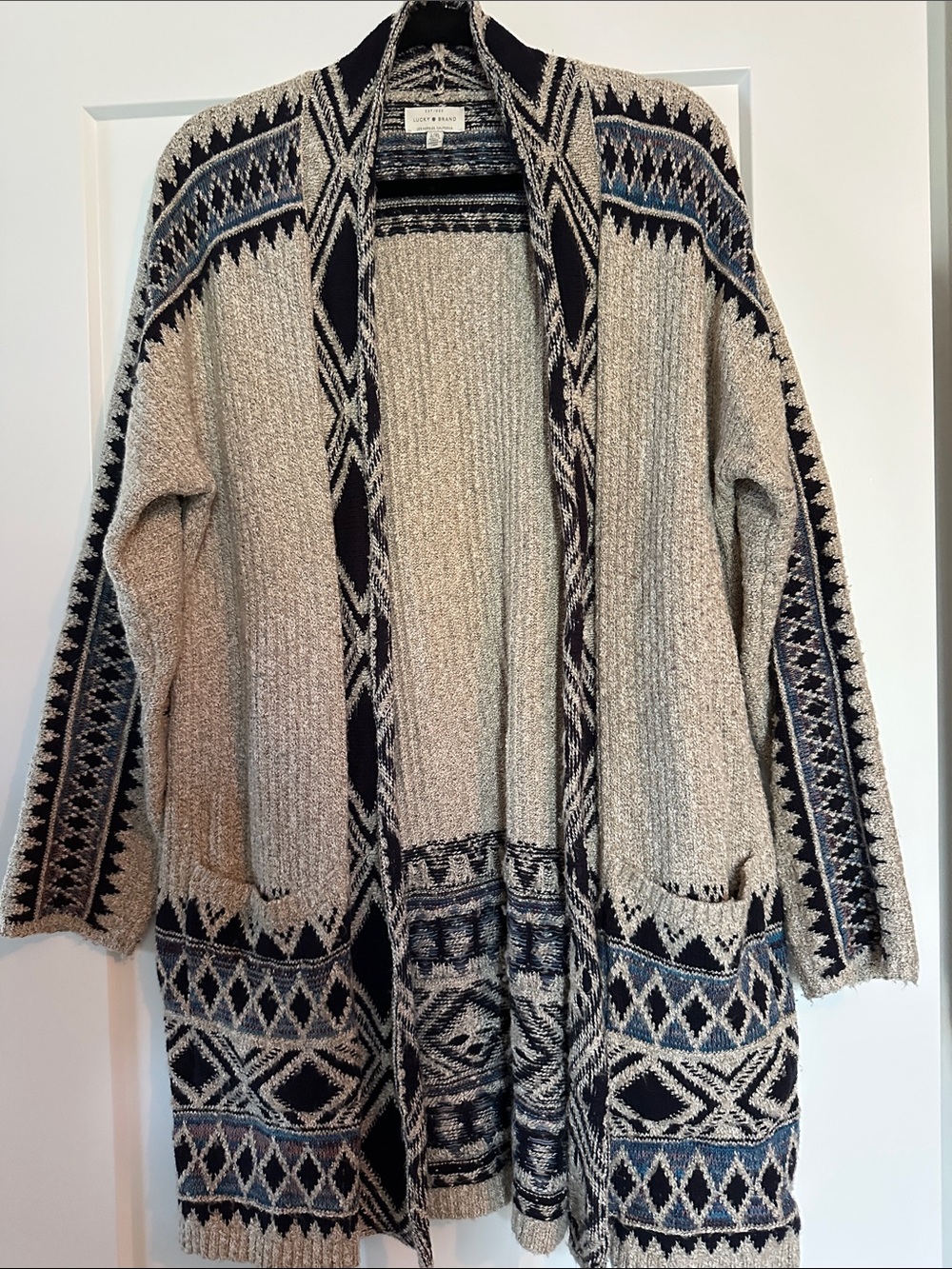 Lucky Brand Women’s Open Front Cream and Navy Patterned Cardigan Sweater